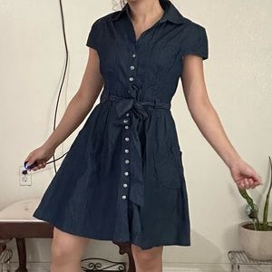 Denim Collar Button Up Shirt Dress - Small